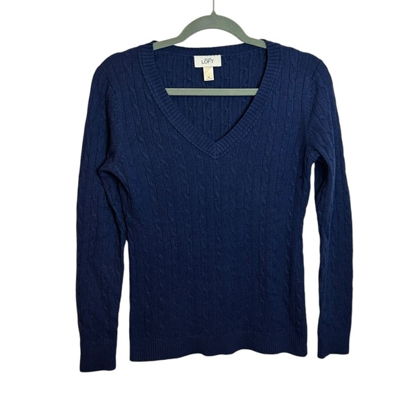 Loft Navy Blue Rabbit Hair Cableknit V-Neck Sweater - Picture 1 of 4